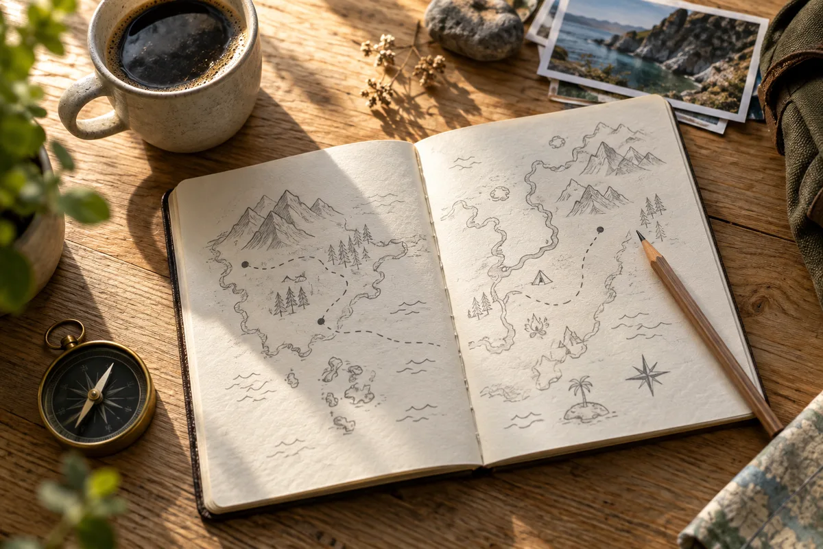 Carnet de voyage ouvert avec une carte dessinée à la main et un crayon posé sur un bureau en bois