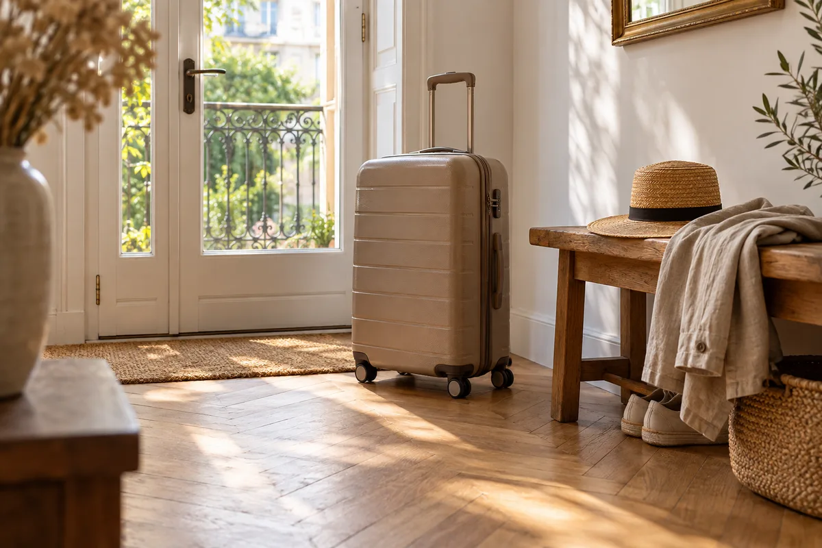 Valise fermée posée dans une entrée lumineuse, près d&rsquo;une porte vitrée baignée de soleil