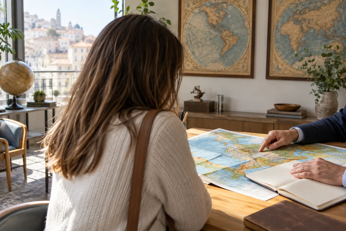 Rendez-vous vu de dos dans un bureau de conseil au décor sobre, avec des cartes géographiques encadrées au mur