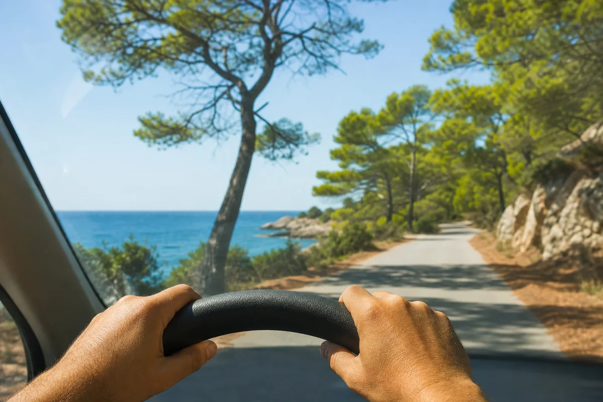 Mains d’un conducteur sur un volant, route côtière ensoleillée à travers le pare-brise