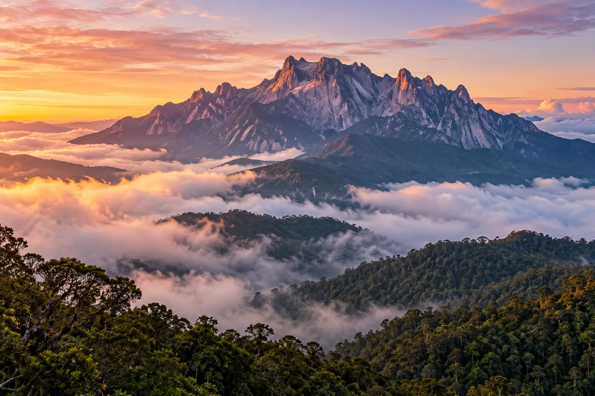 Sommets de granit du mont Kinabalu émergeant au-dessus des nuages au lever du jour