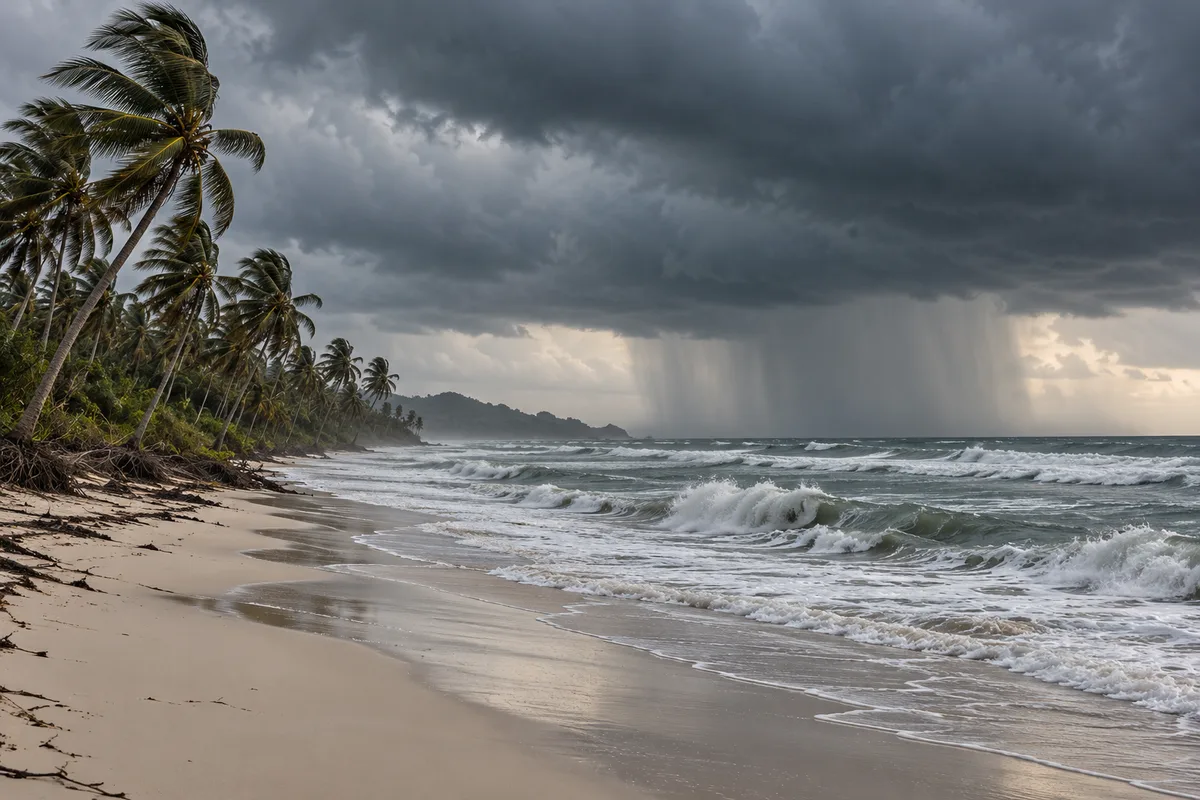 Plage déserte de la côte est de la péninsule malaise sous la pluie de mousson