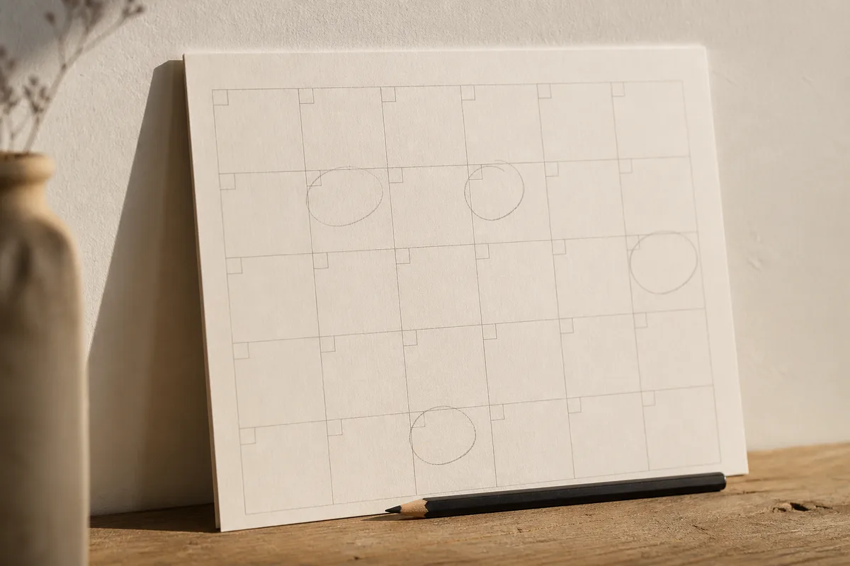 Calendrier mural en papier posé contre un mur clair, quelques dates entourées au crayon, lumière douce de fin de journée