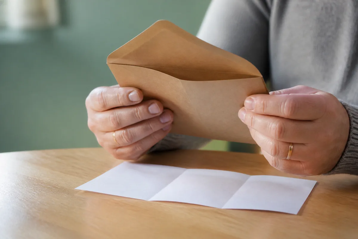 Une main tient une enveloppe ouverte au-dessus d&rsquo;un courrier posé sur une table en bois clair