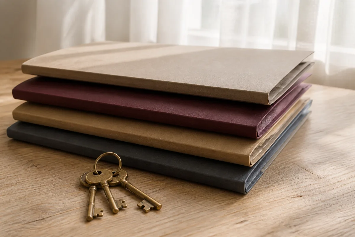 Une pile de dossiers cartonnés et un trousseau de clés sur un bureau clair, rideaux entrouverts en arrière-plan