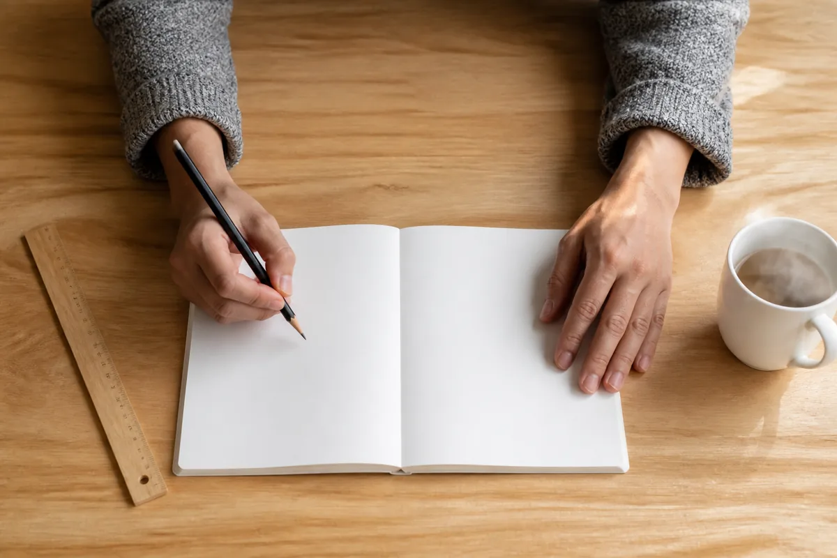 Mains d&rsquo;une personne écrivant au crayon sur un carnet aux pages unies, à côté d&rsquo;un mug