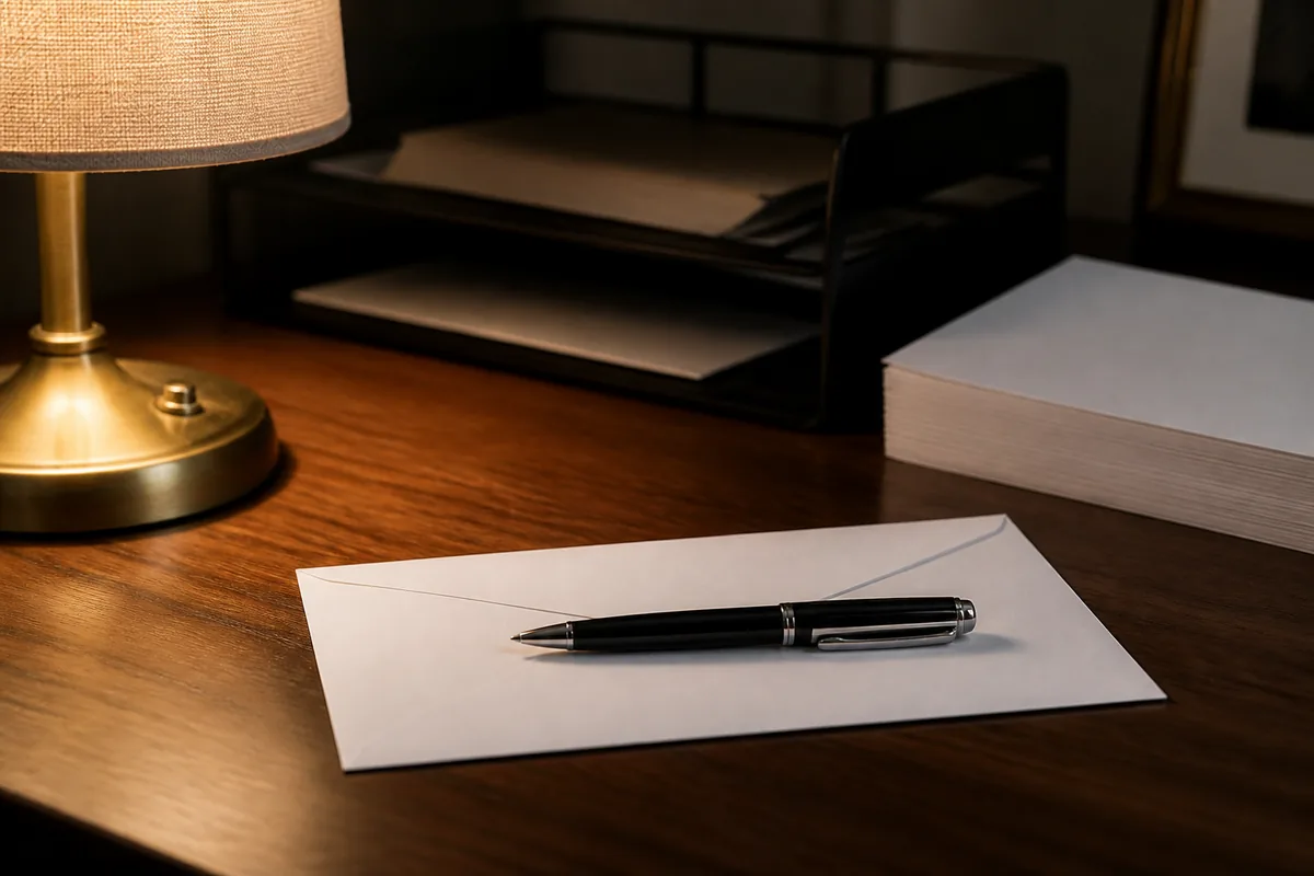 Enveloppe blanche fermée et stylo posés sur un bureau en bois près d&rsquo;une lampe à abat-jour