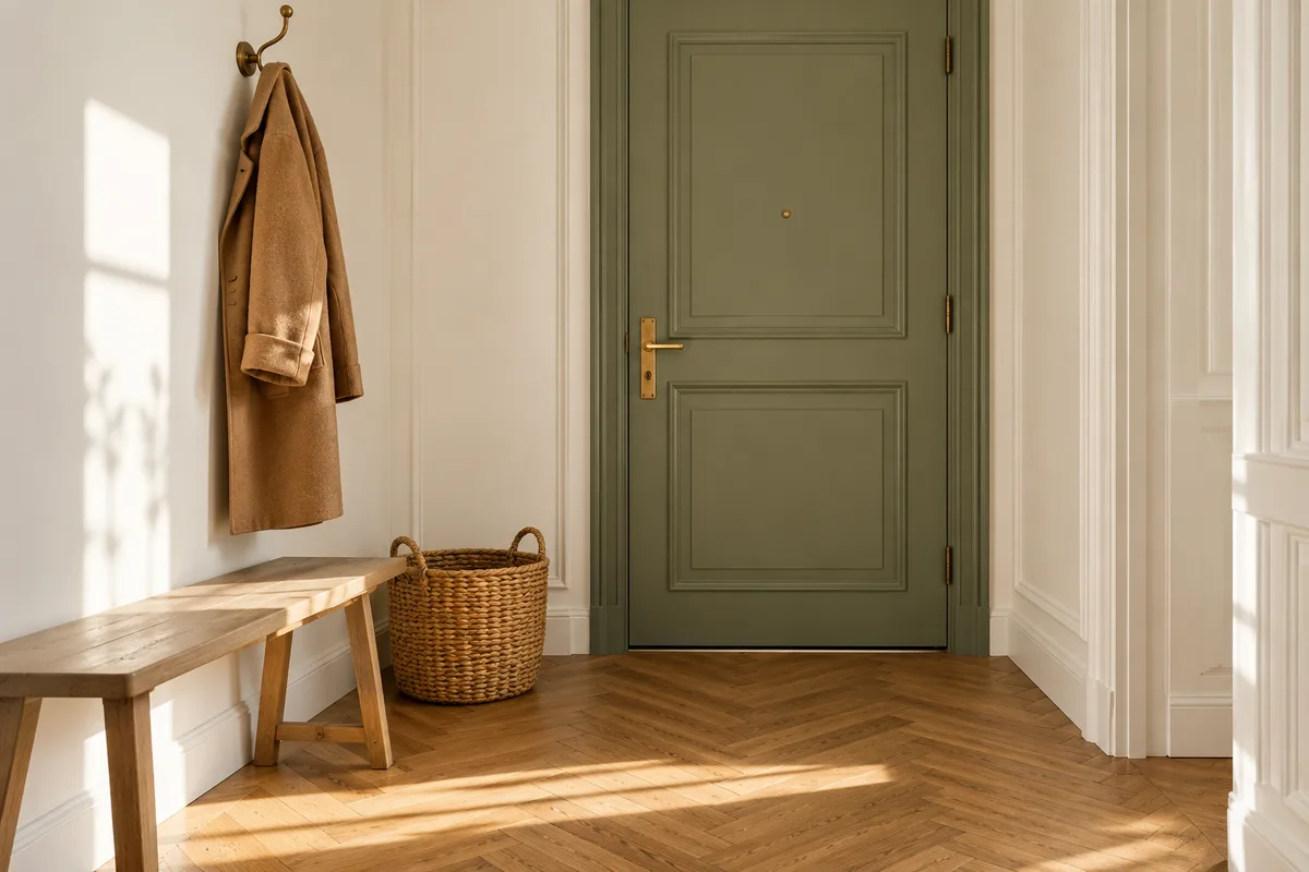 Entrée d&rsquo;appartement ancien avec un banc en bois clair, un manteau de laine sur une patère et une porte vert sauge