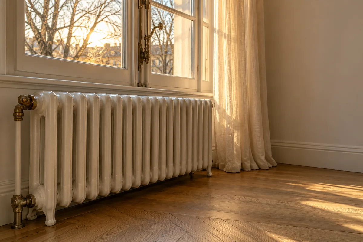 Radiateur en fonte peint en blanc sous une fenêtre de salon, rideau de lin écru tiré sur le côté, lumière rasante d&rsquo;hiver