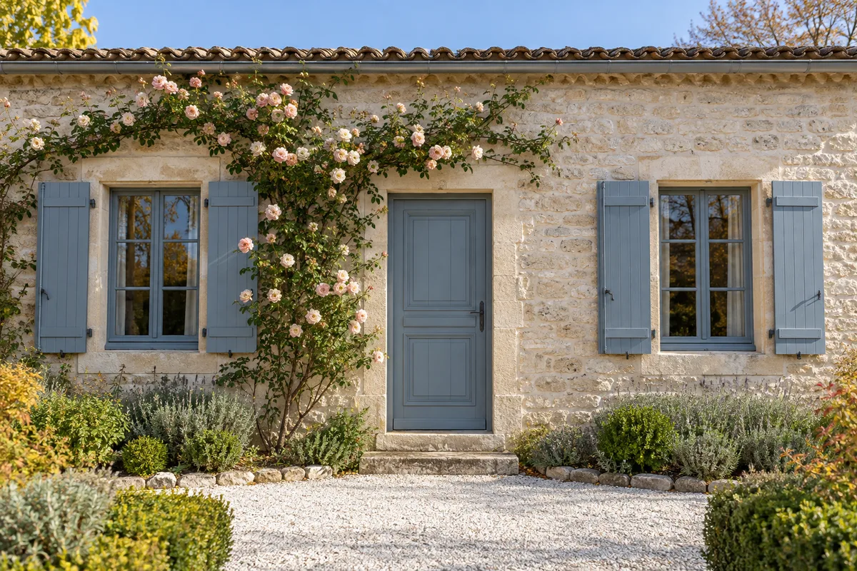 Façade d&rsquo;une maison de bourg en pierre claire aux volets bleu-gris, rosier grimpant le long du mur