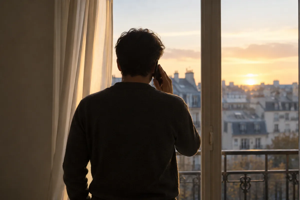 Silhouette d&rsquo;un adulte vue de dos devant une fenêtre d&rsquo;appartement, un téléphone mobile porté à l&rsquo;oreille en fin d&rsquo;après-midi