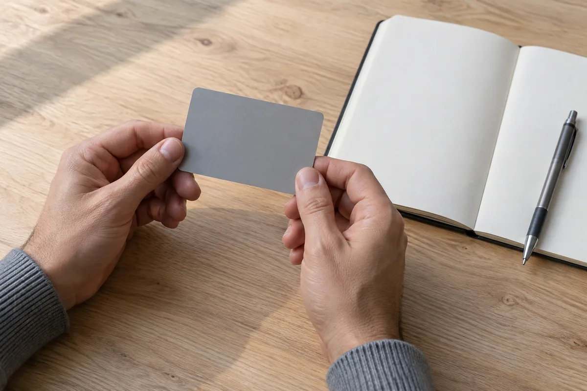 Mains d&rsquo;un adulte tenant une carte de paiement à surface unie au-dessus d&rsquo;un plan de travail clair, carnet ouvert aux pages vierges à côté