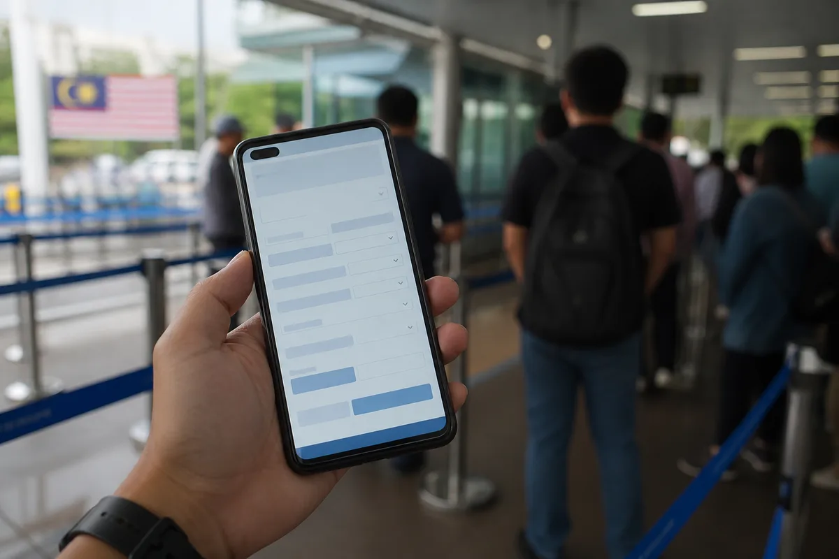 Écran de smartphone affichant un formulaire d immigration numérique dans une file d attente de poste frontière