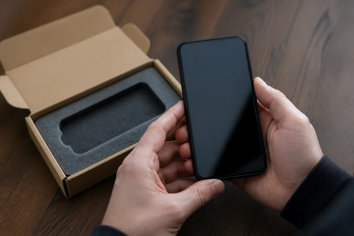 Mains tenant un smartphone reconditionné sorti de son étui en carton kraft