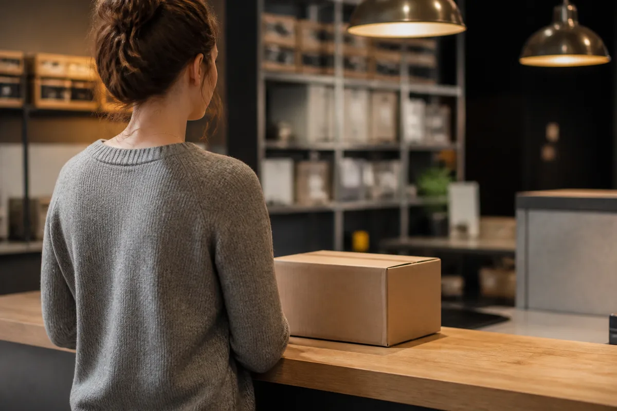 Client de trois-quarts dos devant un comptoir de service après-vente avec un colis