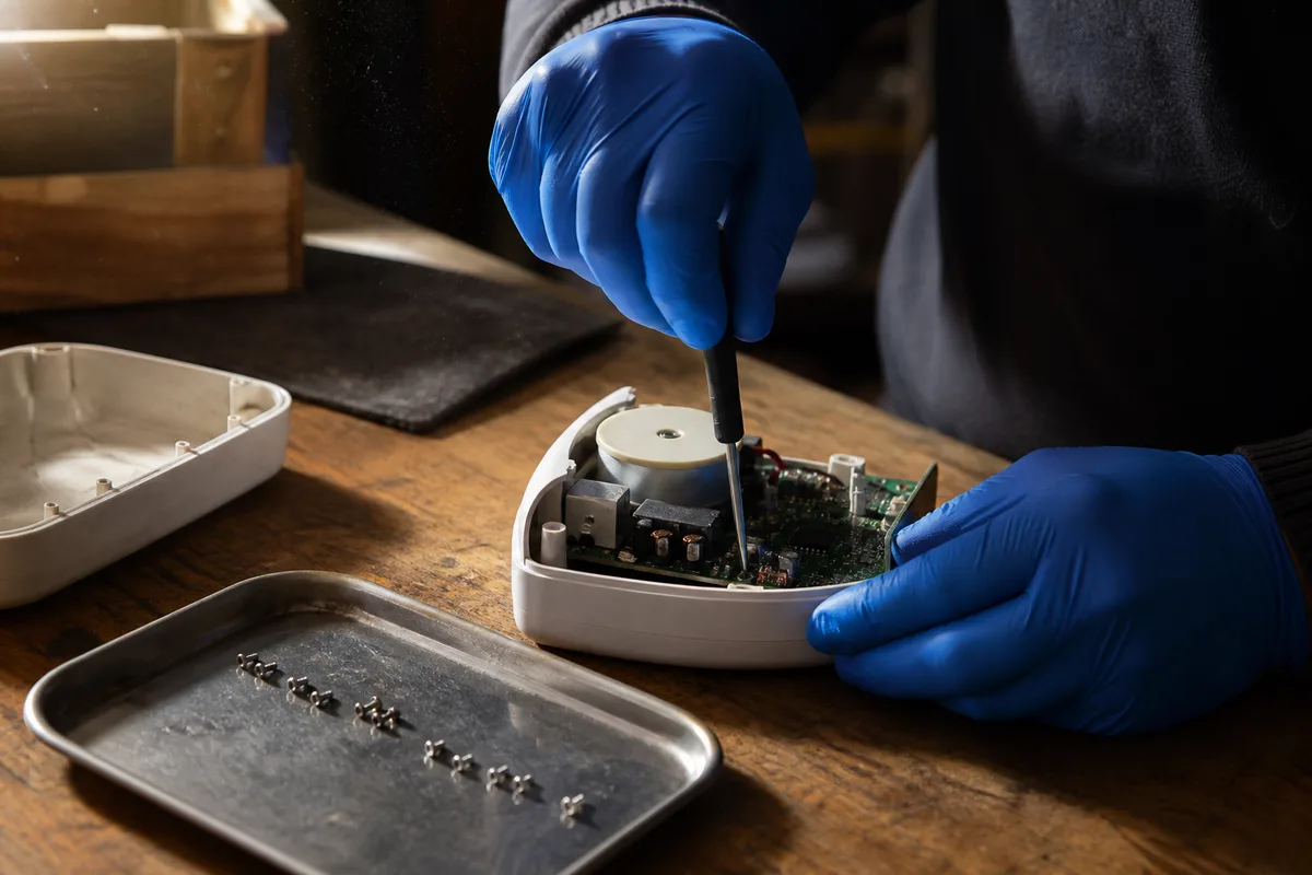 Mains gantées réparant un petit appareil électroménager sur un établi en bois