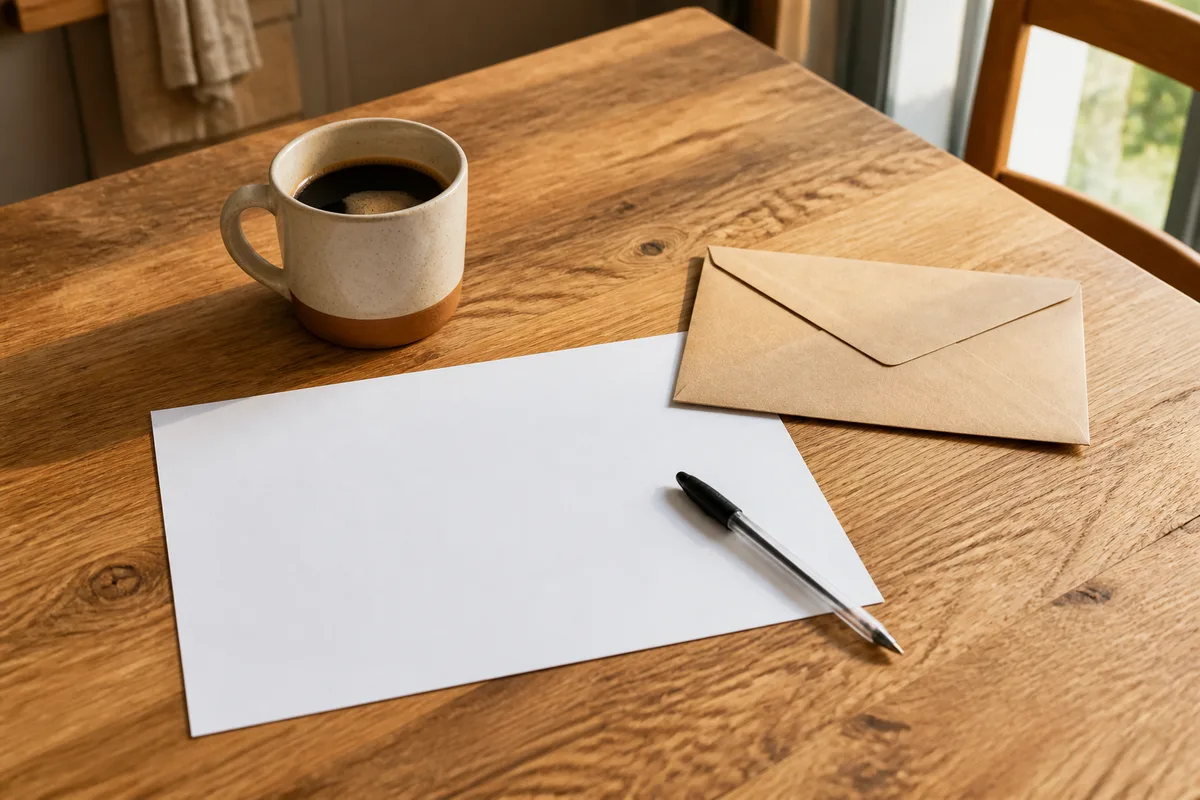 Table de cuisine avec une feuille de papier vierge, un stylo et une tasse dans la lumière du matin