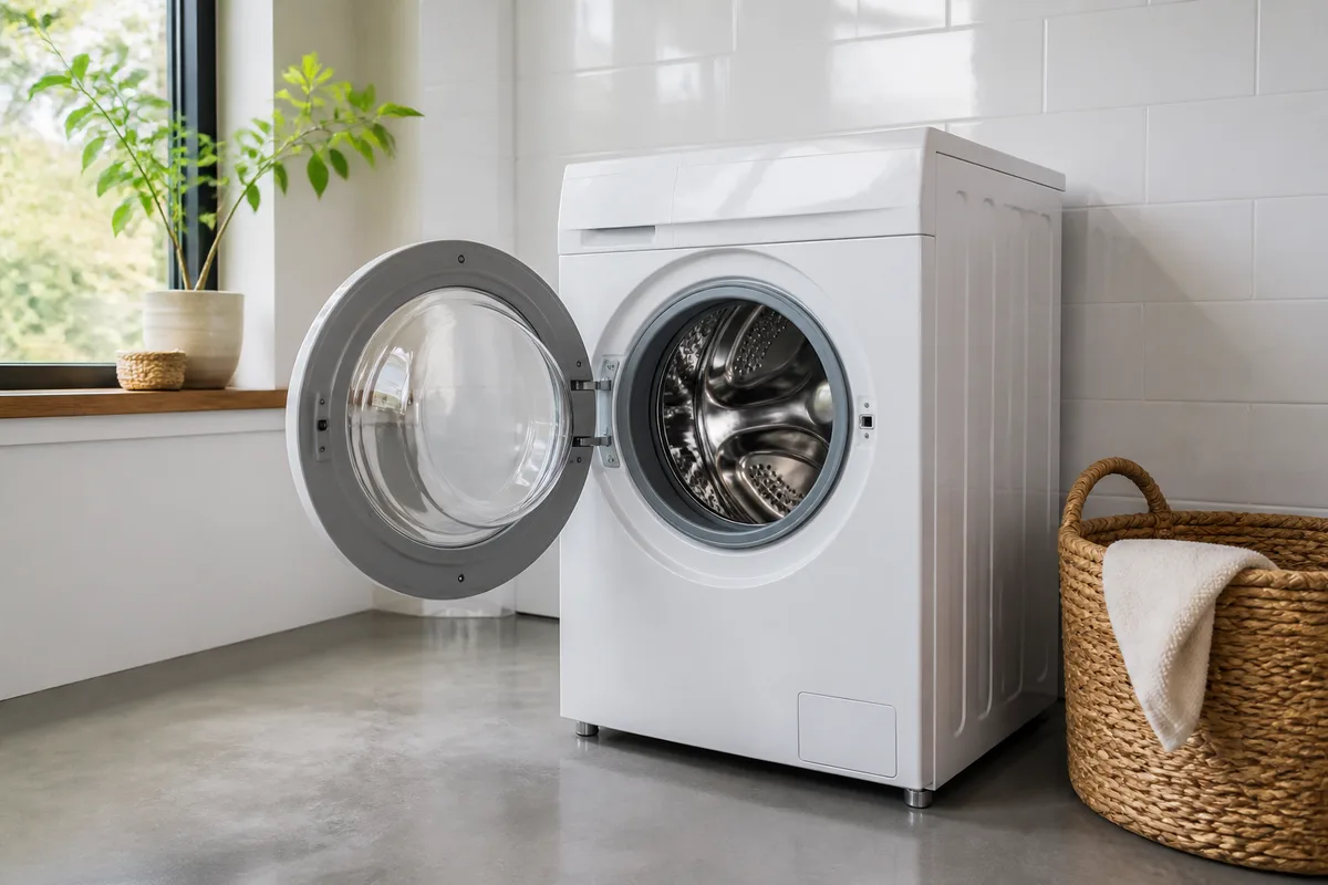 Lave-linge à hublot ouvert dans une buanderie claire carrelée de blanc