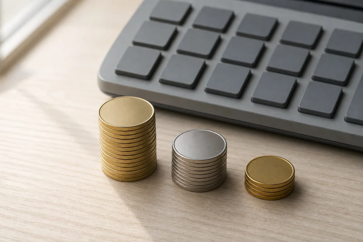Pile de pièces de monnaie unies devant une calculatrice de bureau posée sur un plan de travail clair