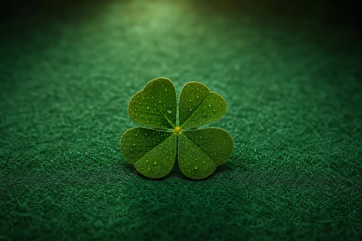 Trèfle à quatre feuilles posé au centre d&rsquo;un feutre vert uni de table de jeu
