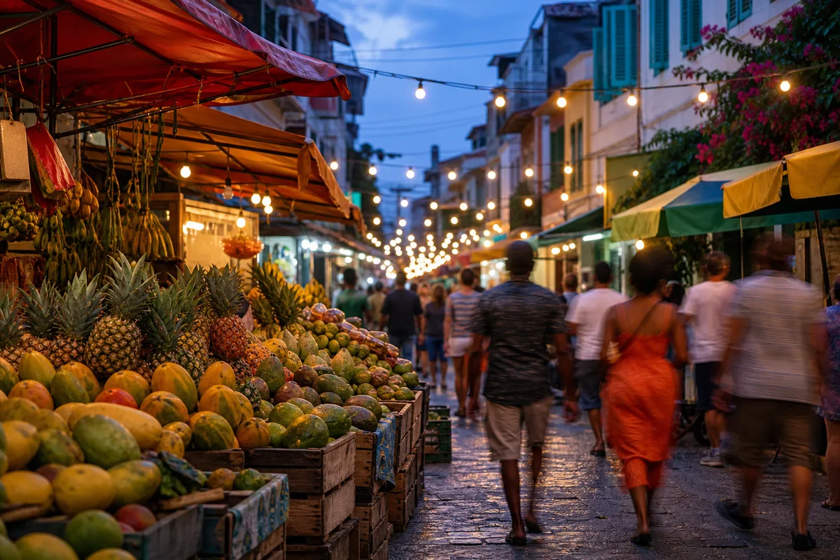 Rue commerçante animée d’une ville malaisienne en début de soirée