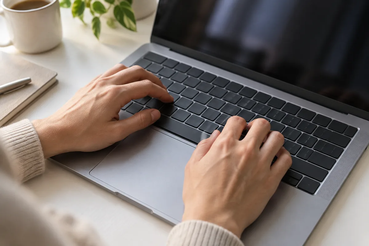 Mains inspectant le clavier d&rsquo;un ordinateur portable ouvert sur un bureau clair