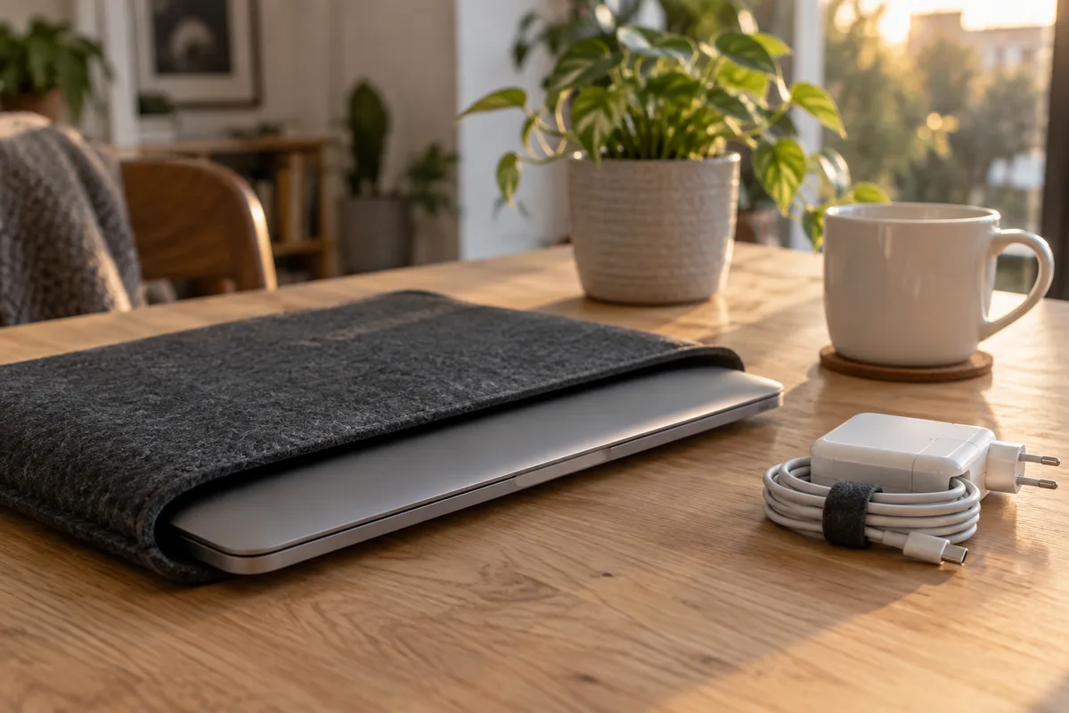 Ordinateur portable refermé dans sa housse avec son chargeur roulé posé à côté