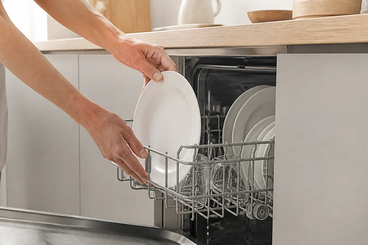 Mains d’un adulte chargeant un lave-vaisselle dans une cuisine baignée par la lumière de midi