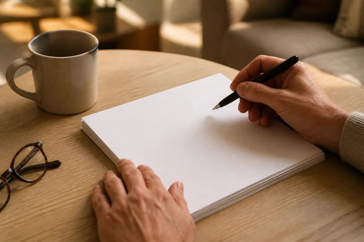 Mains d’un adulte posant un stylo sur des feuilles de papier vierges autour d’une table en bois clair