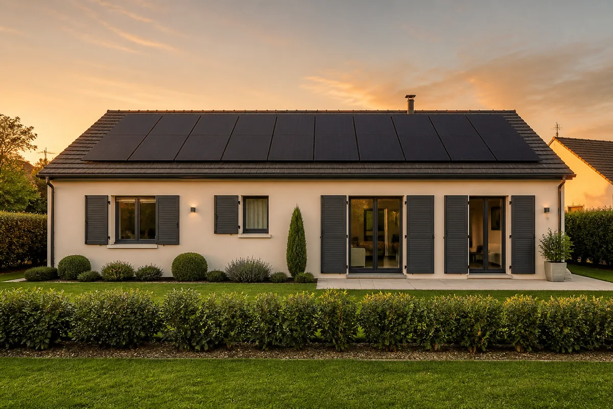 Pavillon vu de l’extérieur en fin d’après-midi, toiture solaire réfléchissant une lumière dorée