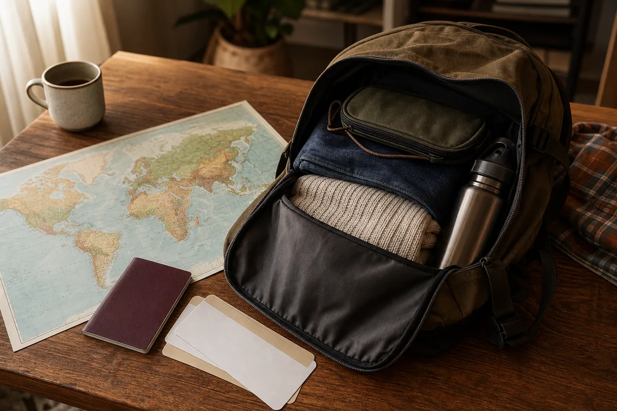 Jeune voyageur préparant son sac à dos avec passeport et carte