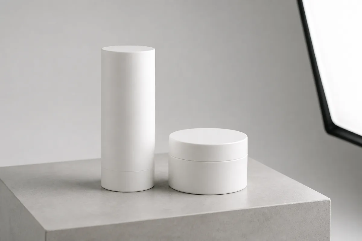 Flacon cosmétique à étiquette vierge posé sur un cyclorama blanc en lumière de studio
