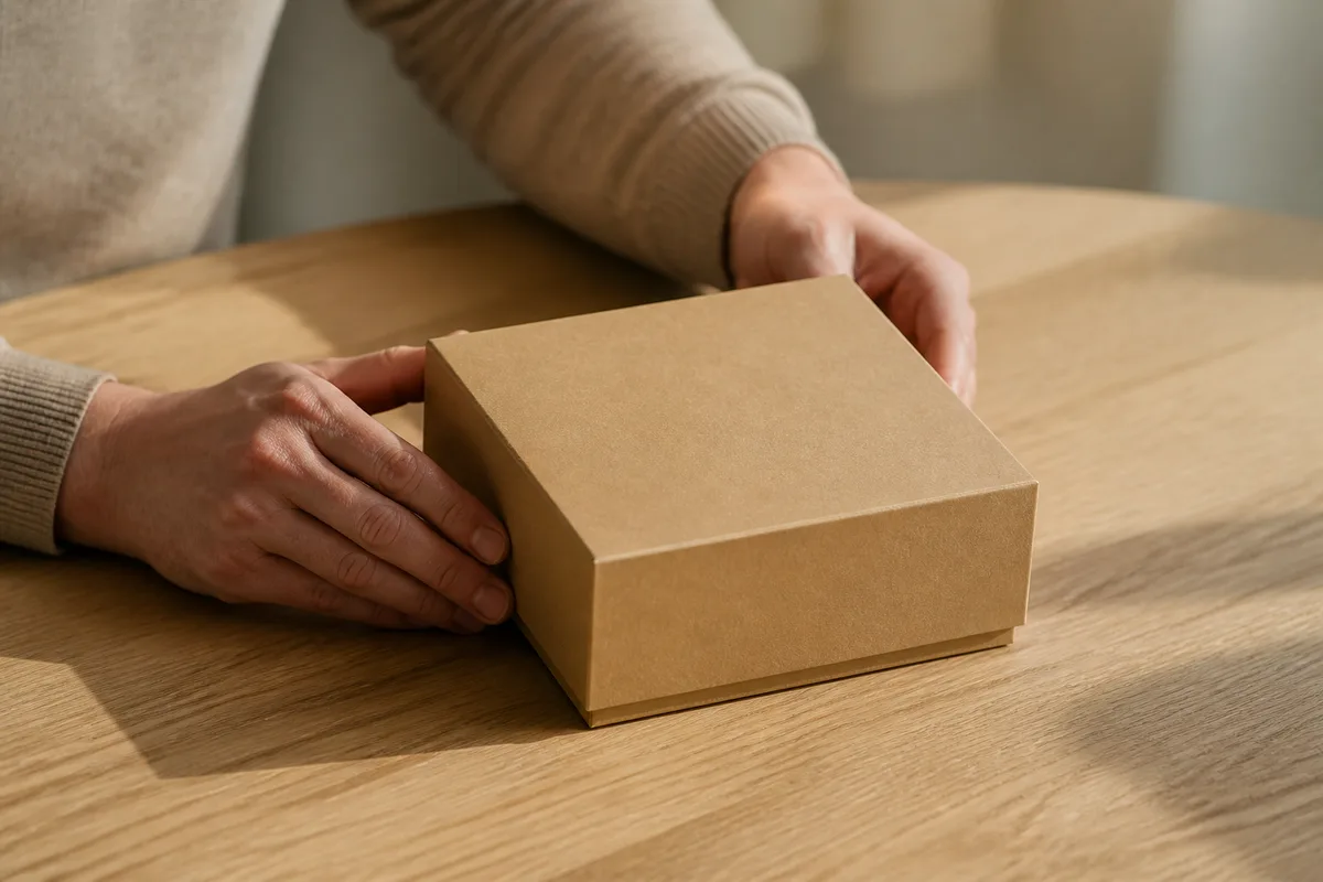 Deux mains font pivoter une boîte en carton unie sur une table claire en lumière latérale