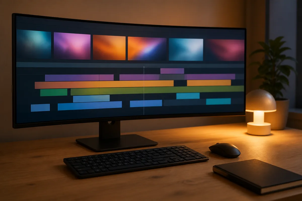 Poste de montage vidéo vu de trois quarts, écran affichant une timeline colorée en aplats