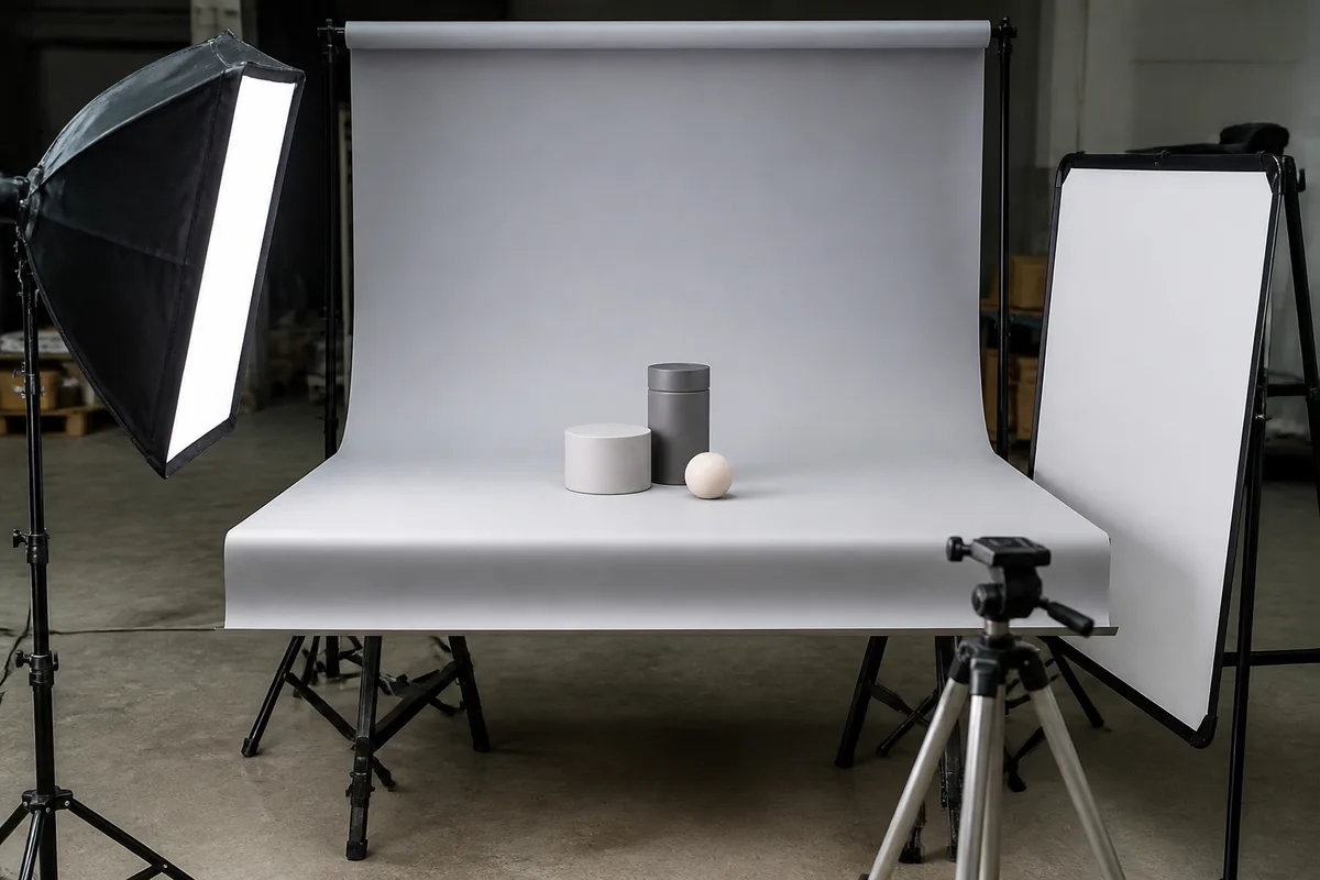 Petit plateau de prise de vue produit avec boîte à lumière, fond papier gris et objets unis