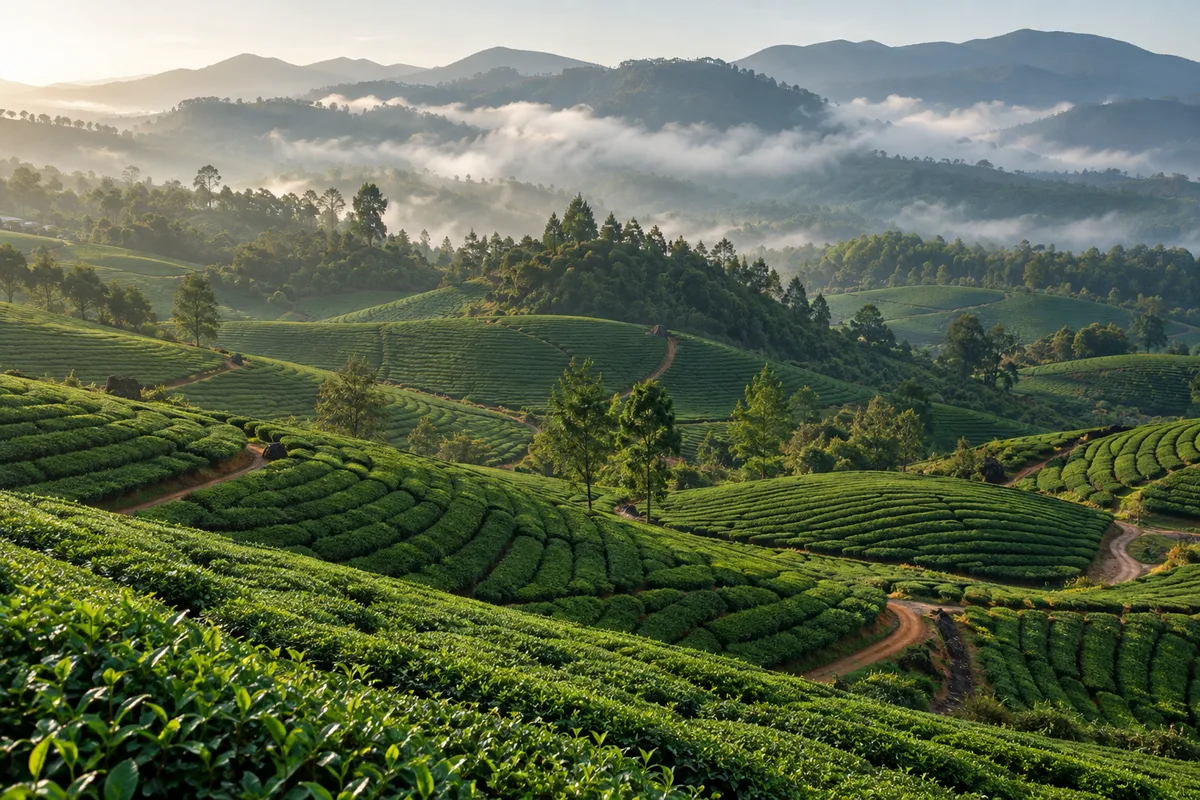 Plantations de thé en terrasses vertes des Cameron Highlands dans la brume du matin