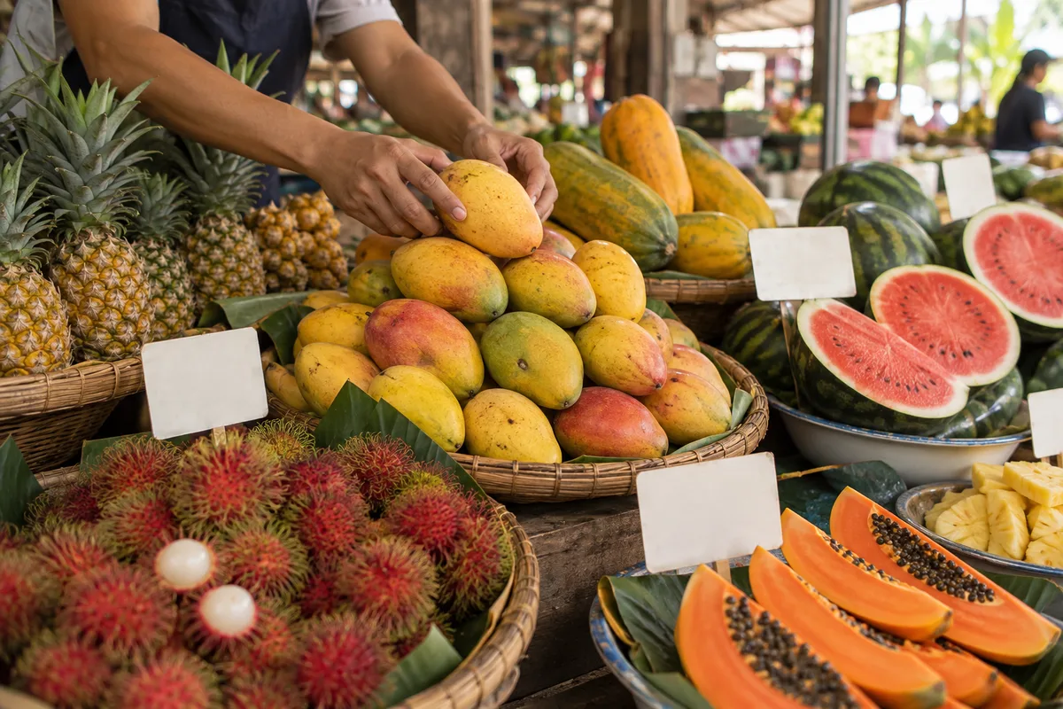 Étal de fruits tropicaux colorés sur un marché couvert malaisien