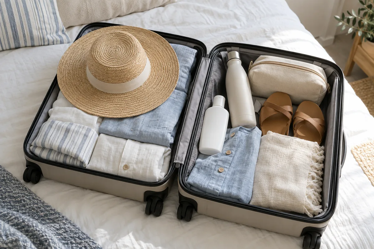 Valise ouverte sur un lit d&rsquo;hôtel avec vêtements légers, chapeau et crème solaire