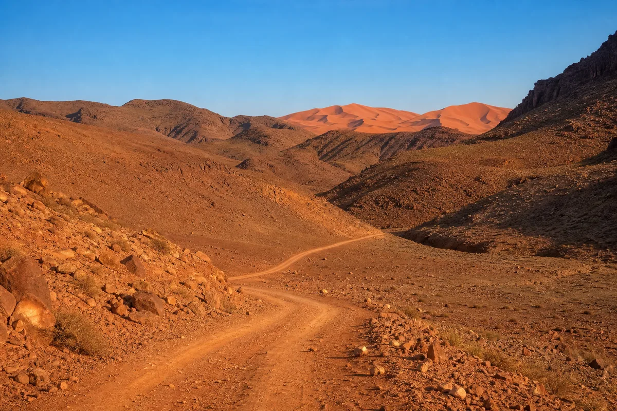 Piste en terre rouge serpentant dans une vallée aride de l&rsquo;Atlas marocain avec dunes de sable à l&rsquo;horizon