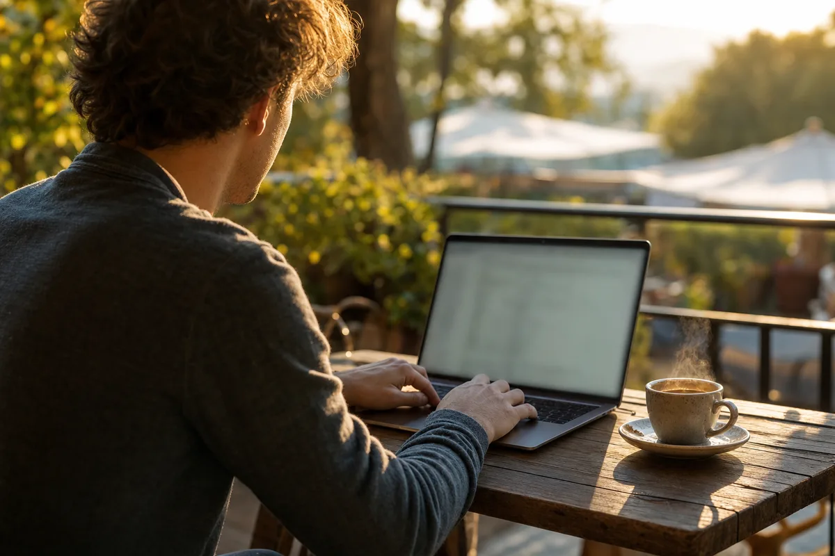 Personne assise en terrasse consultant un ordinateur portable avec une tasse de café à côté, écran flouté, lumière de fin de journée
