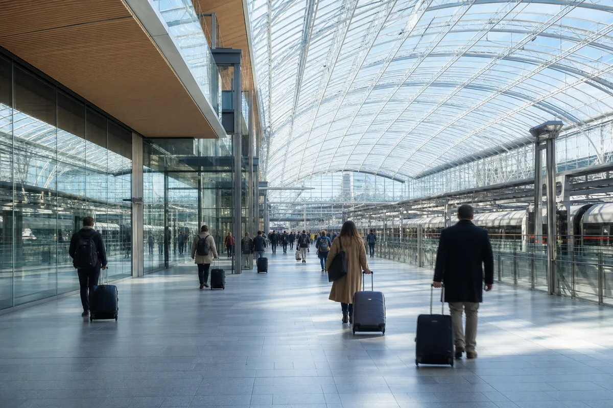 Grand hall de gare avec voyageurs et valises à roulettes se dirigeant vers les quais, verrière lumineuse en arrière-plan
