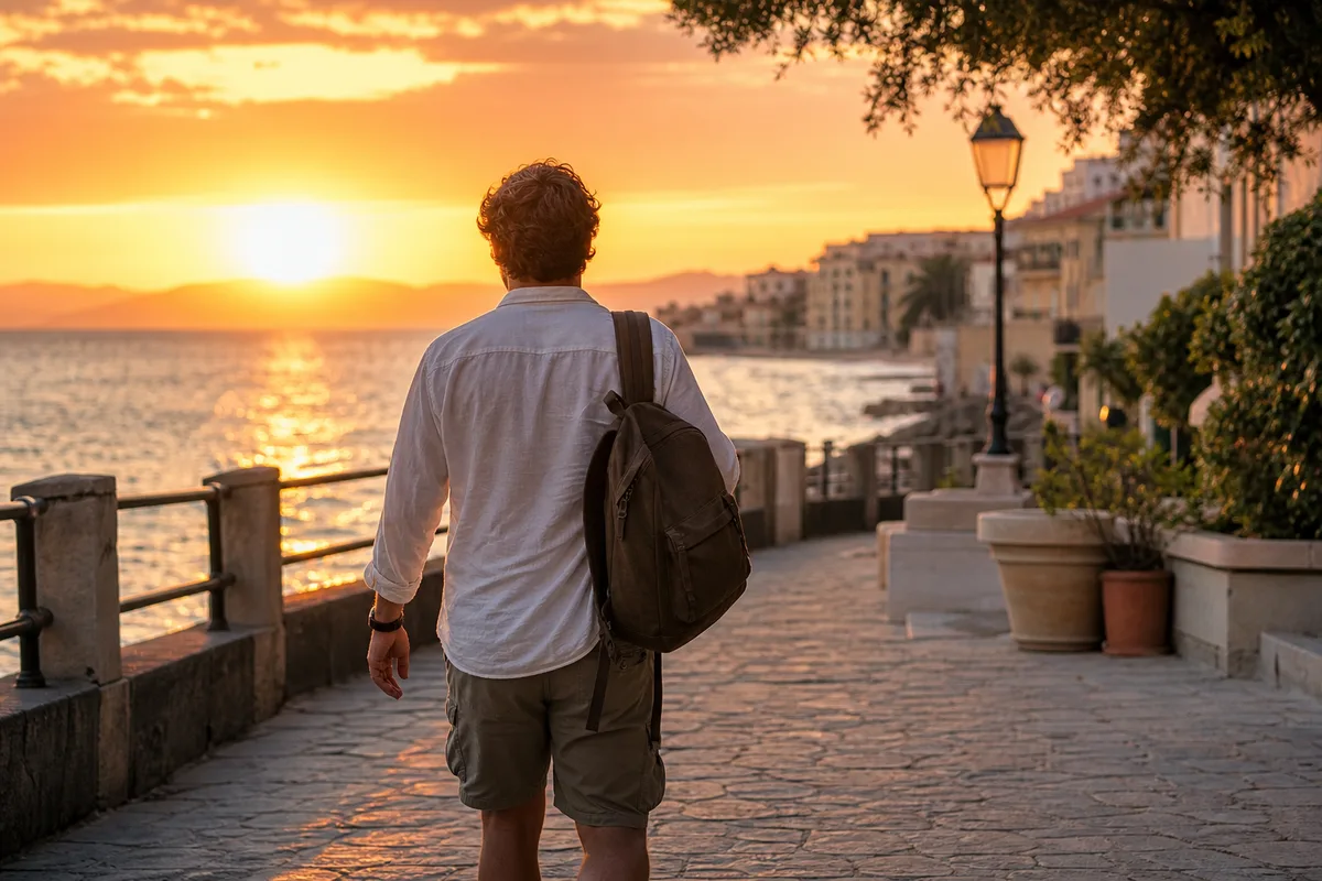 Voyageur de dos marchant sur une promenade en bord de mer au coucher du soleil, sac à dos porté sur une épaule