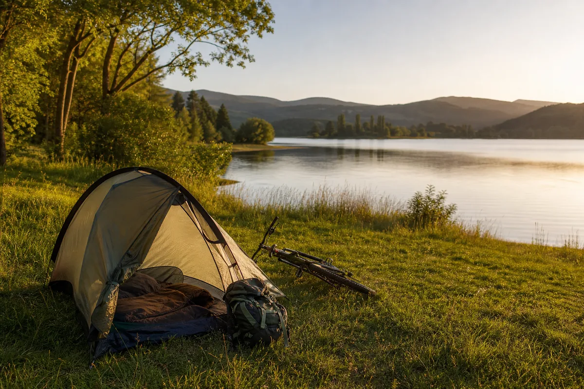 Tente de camping installée dans une prairie verdoyante au bord d’un lac en France, lumière dorée du matin