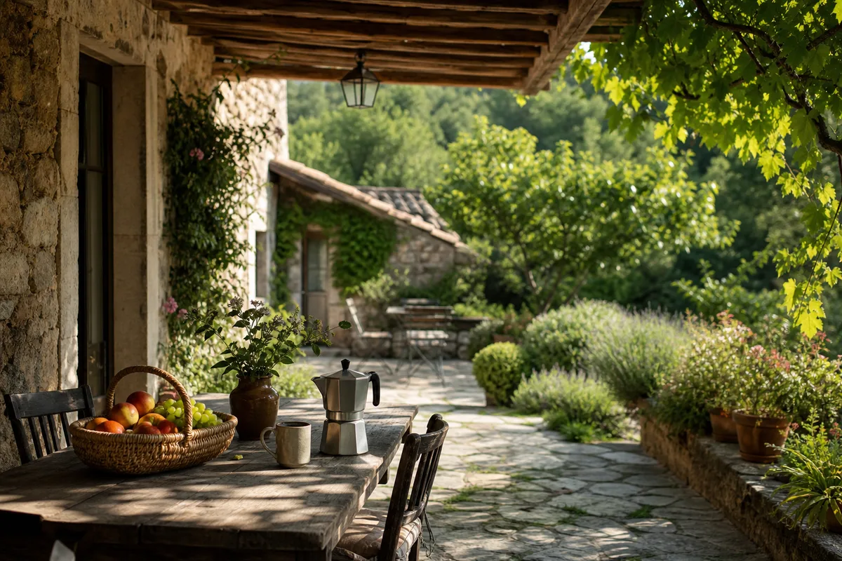 Terrasse d’un gîte en pierre à la campagne française avec table dressée pour un petit-déjeuner en plein air