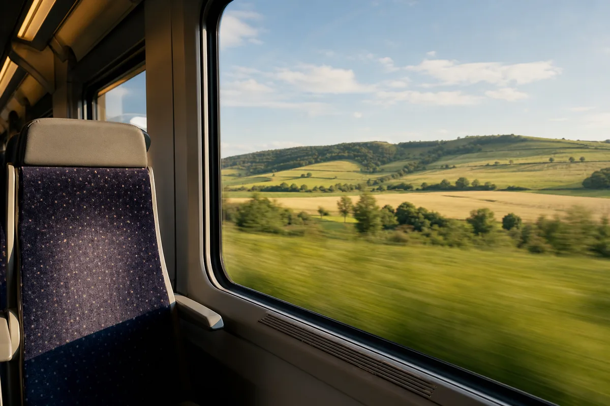 Vue depuis la fenêtre d’un train traversant la campagne française, champs et collines au loin