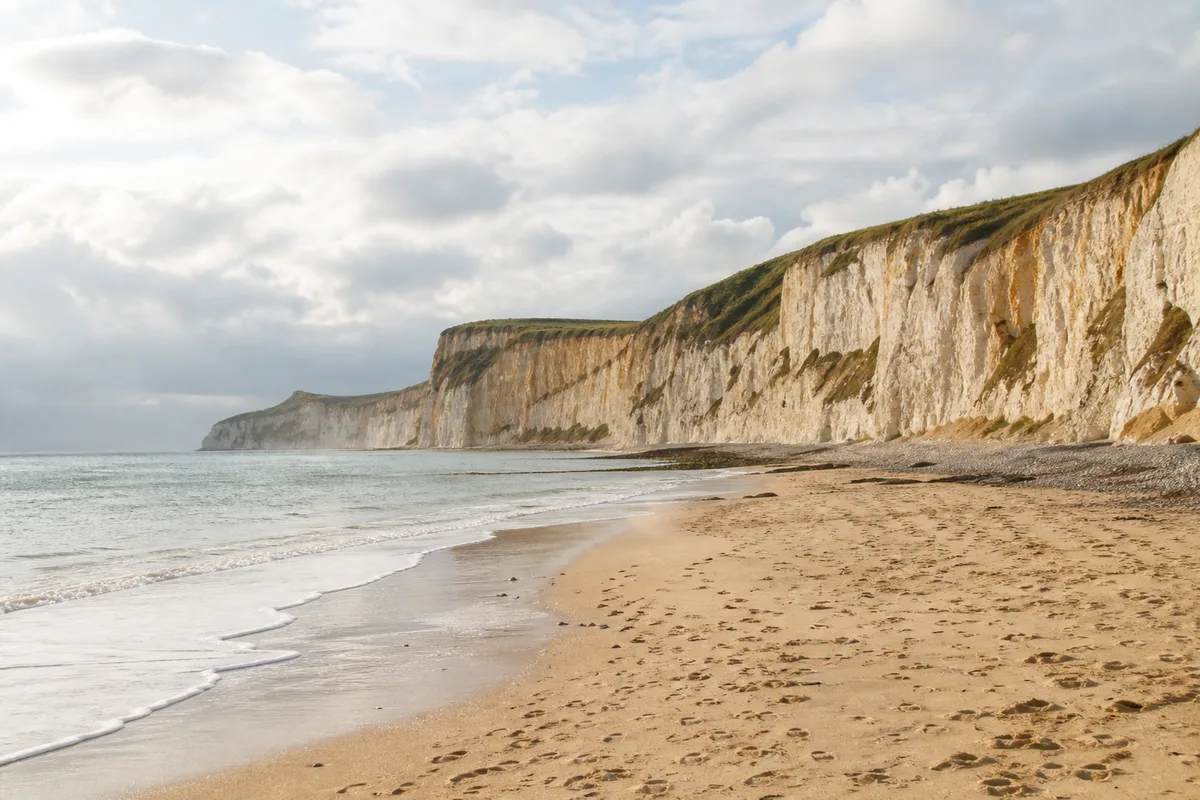 Plage sauvage et lumineuse du littoral nord de la France en basse saison, sable clair et falaises crayeuses en arrière-plan
